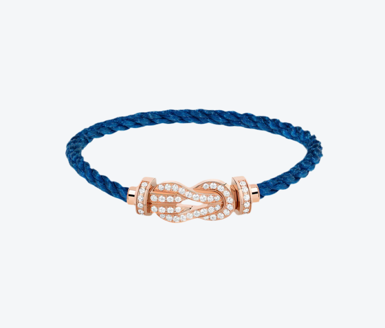 צמיד יוקרתי עם רצועת חבל כחולה עם אבזם אינסוף בגוון זהב ורוד משובץ זירקונים