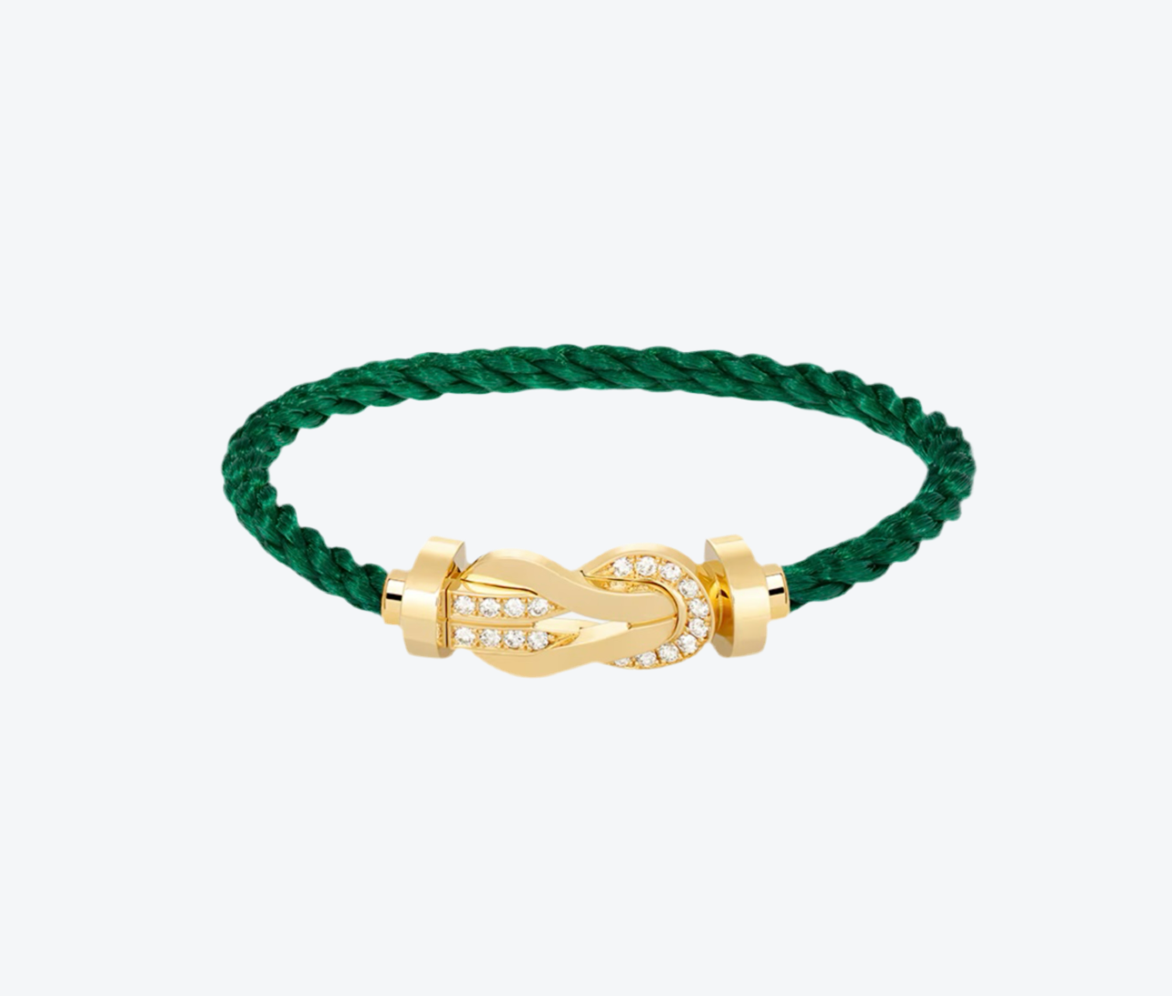 צמיד יוקרתי עם רצועת חבל ירוקה ואבזם אינסוף בגוון זהב משובץ חצי זירקונים