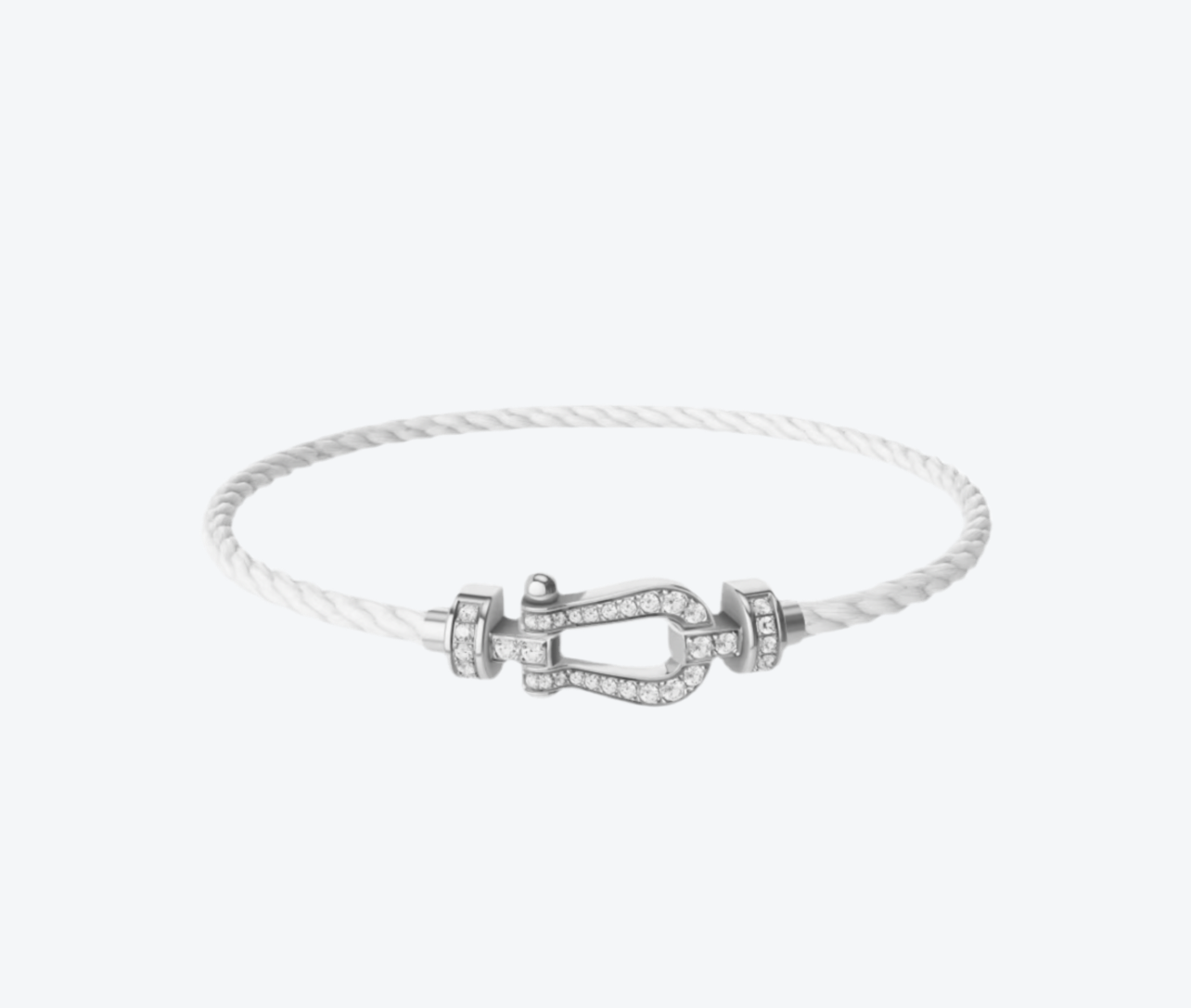 צמיד יוקרתי עם רצועת חבל (דק) לבן ואבזם כסוף, משובץ זירקונים