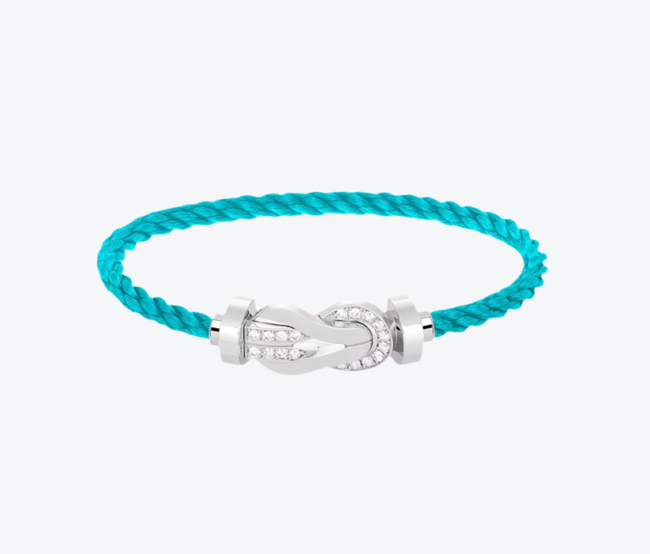 צמיד יוקרתי עם רצועת חבל בגוון תכלת עם אבזם אינסוף בגוון כסף משובץ חצי זירקונים נוצצים