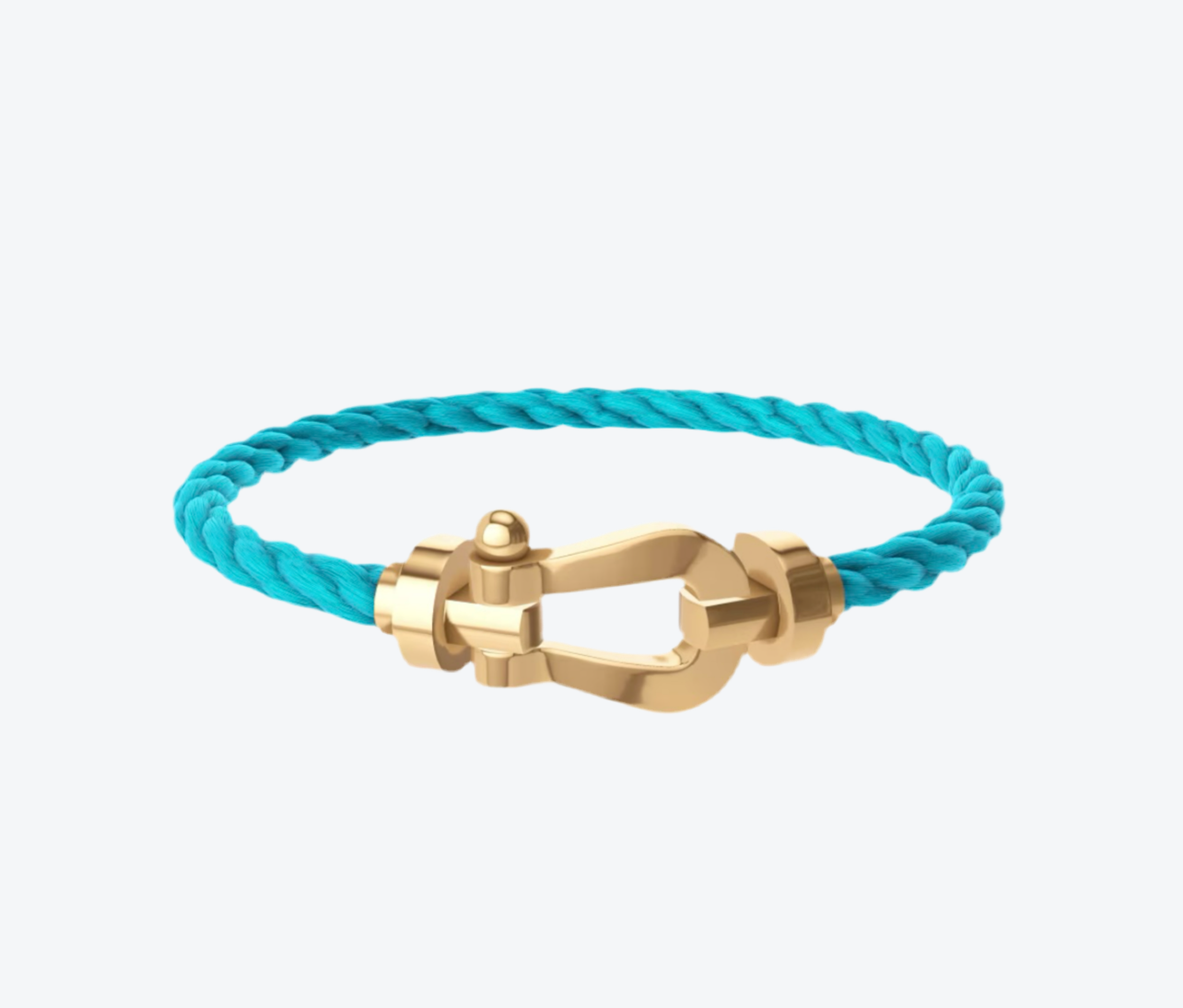 צמיד יוקרתי עם רצועת חבל תכלת ואבזם בגוון זהב מבריק