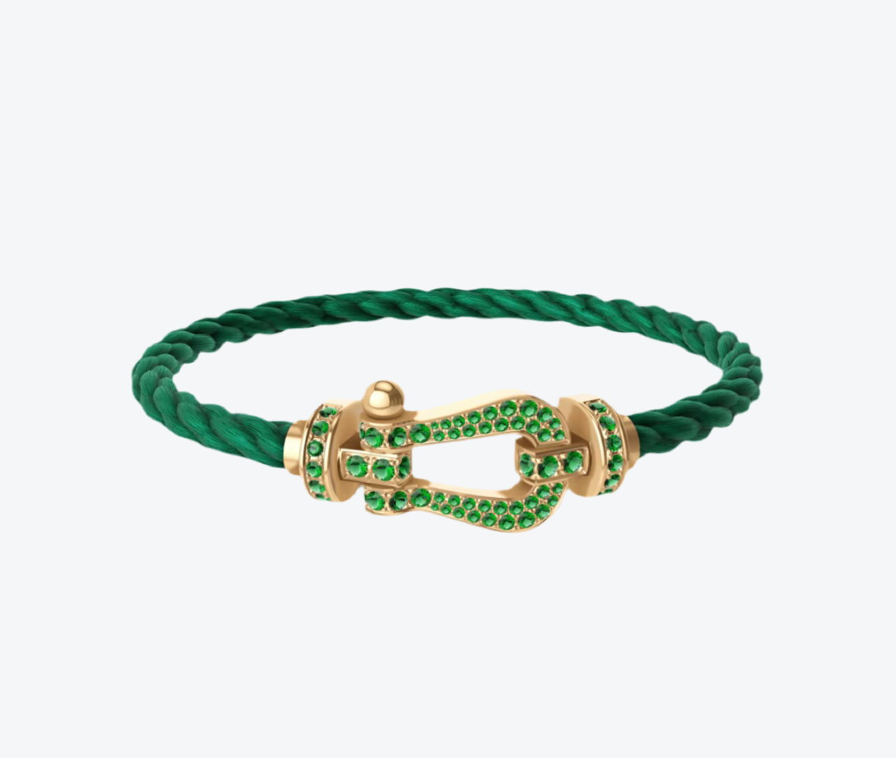 צמיד יוקרתי עם רצועת חבל ירוקה ואבזם בגוון זהב משובץ בזירקונים
