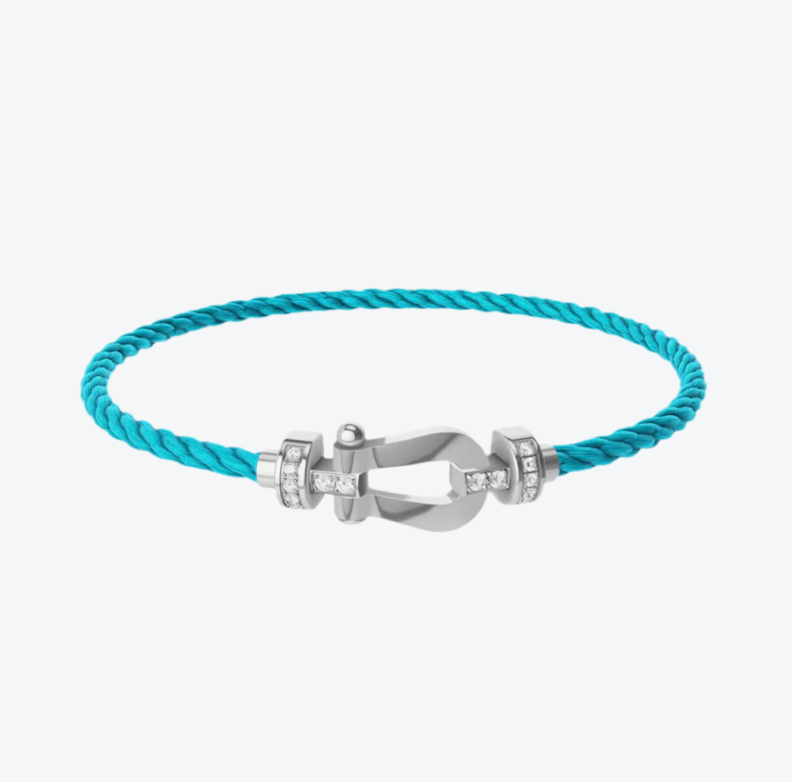 צמיד יוקרתי עם רצועת חבל דקה צבע תכלת ואבזם כסוף משובץ חצי זירקונים