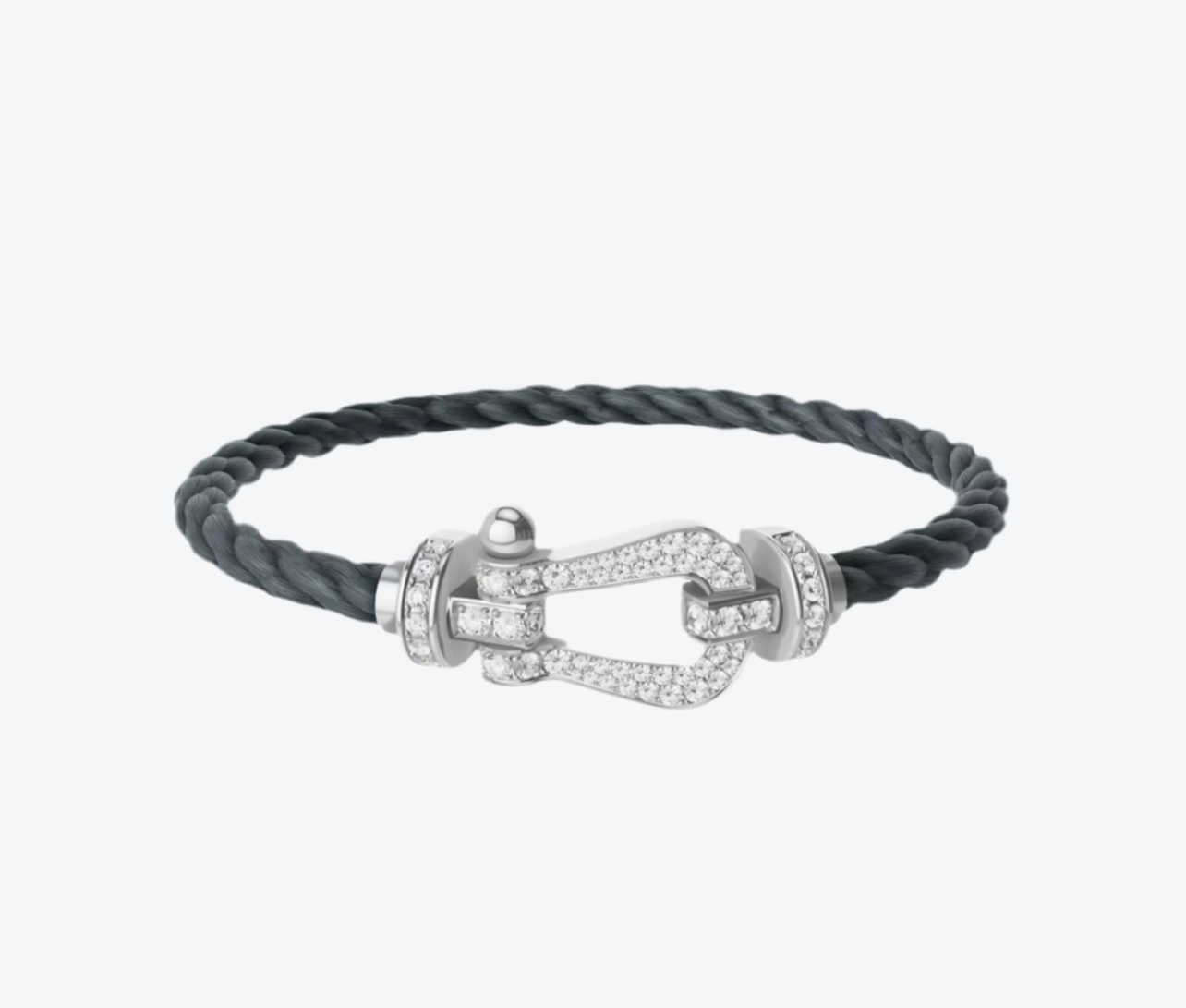 צמיד יוקרתי עם רצועת חבל אפורה ואבזם בגוון כסף משובץ בזירקונים