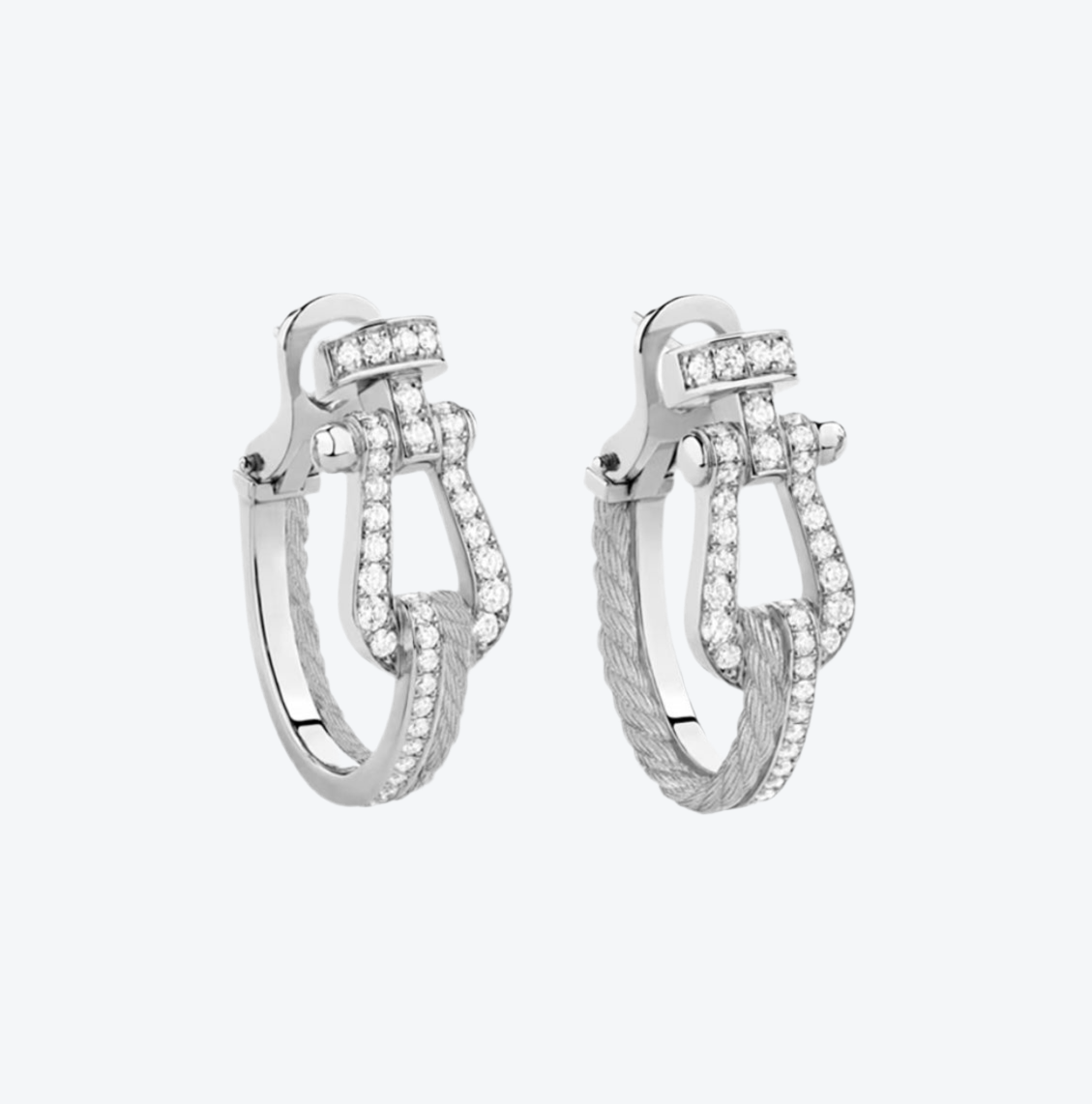 עגילי יוקרה בעיצוב אבזם כסוף, משובצים זירקונים עם חוט מתכתי אלגנטי