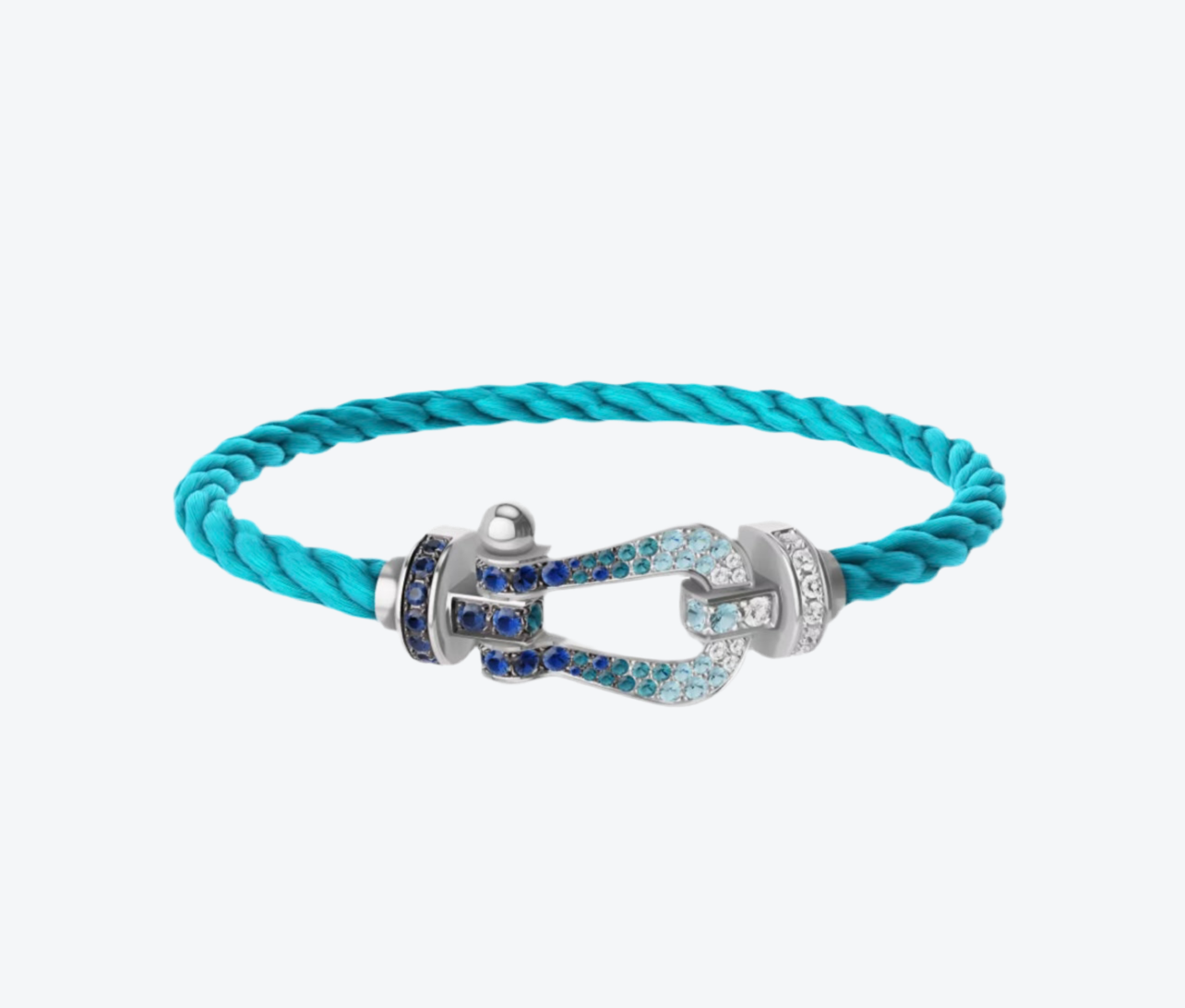 צמיד יוקרתי עם רצועת חבל בגוון תכלת ואבזם בגוון כסף משובץ זרקונים נוצצים