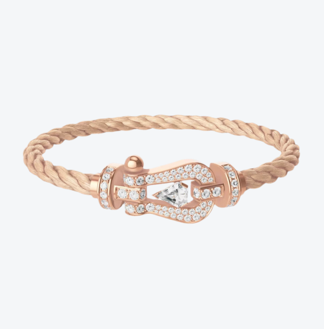 A luxurious bracelet with a pink metal strap and a rose-gold clasp encrusted with sparkling zircons with a 0.5 carat center stone — JEWELLUXE™