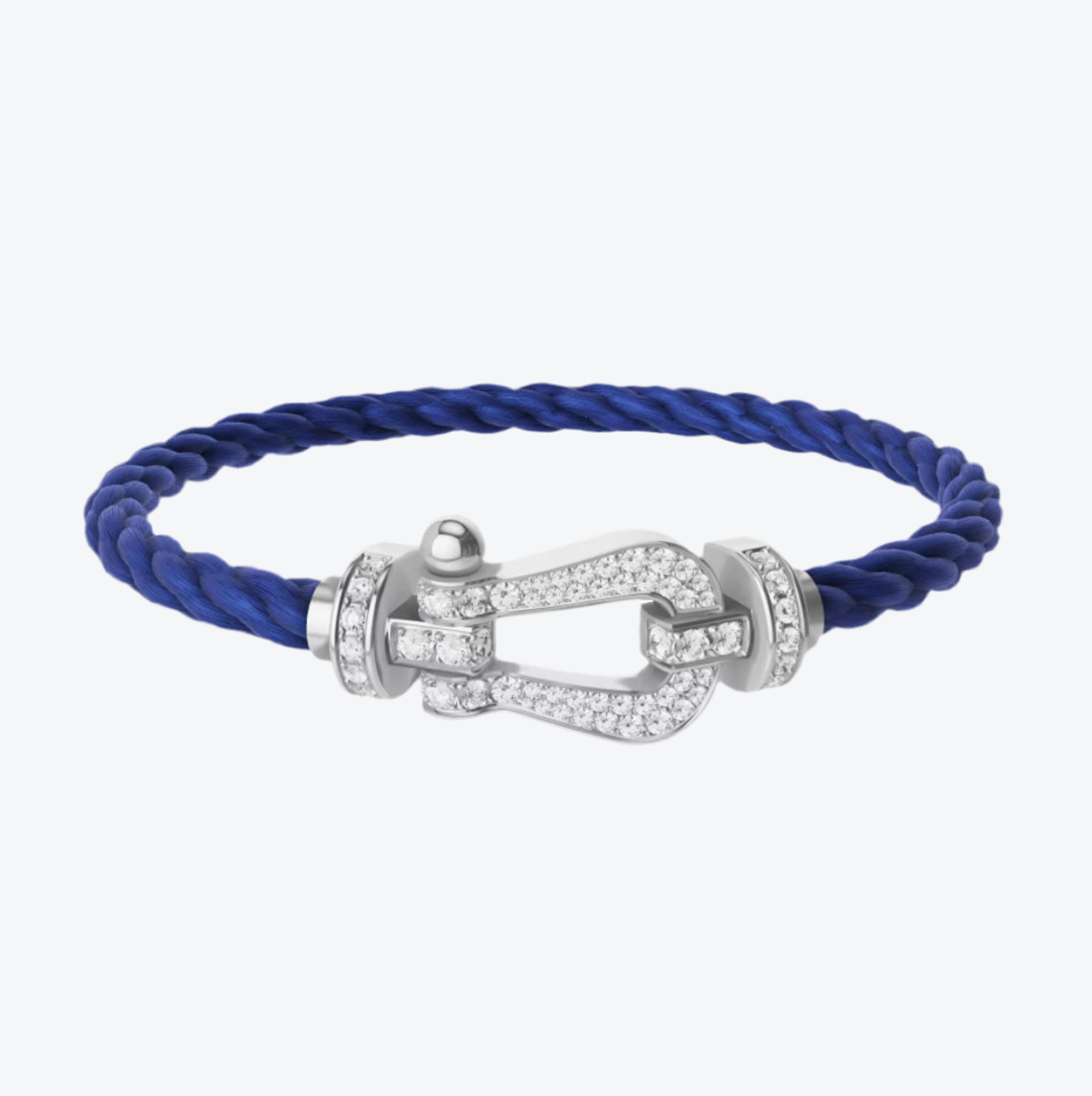 צמיד יוקרתי עם רצועת חבל כחולה ואבזם בגוון כסף משובץ בזירקונים