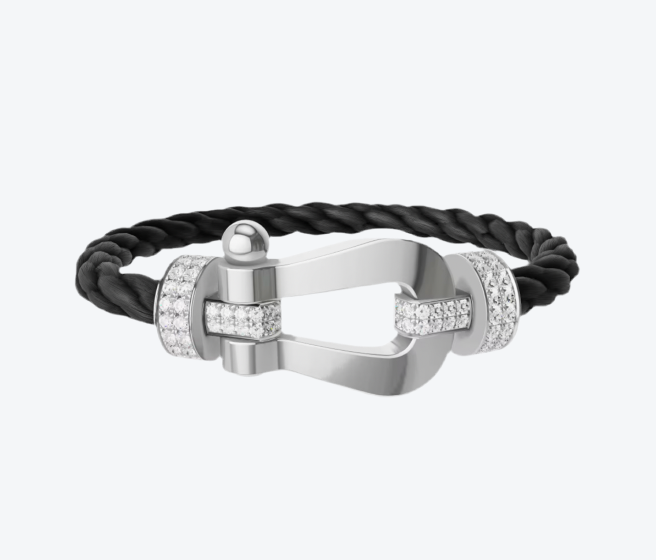 צמיד פרימיום עם רצועת חבל צבע שחור XL עם אבזם XL בגוון כסוף משובץ חצי זירקונים נוצצים