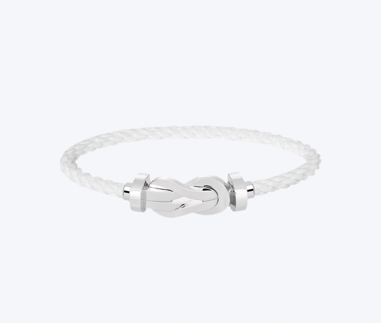 צמיד יוקרתי עם רצועת חבל לבנה ואבזם אינסוף בגוון כסף מבריק