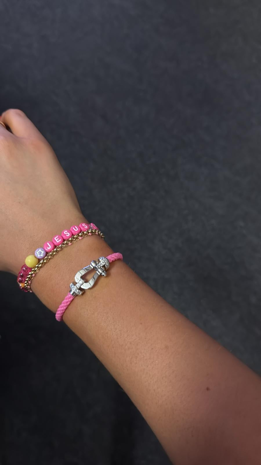 Luxury bracelet with a pink rope strap and a silver-tone buckle encrusted with half sparkling zircons— JEWELLUXE™