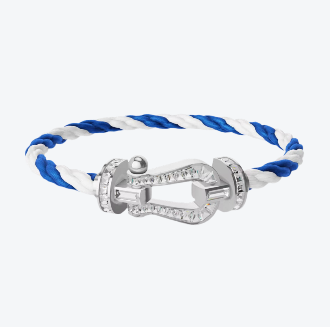 Bracelet de luxe avec un cordon tressé bleu et blanc et un fermoir argenté orné de cristaux étincelants — JEWELLUXE™