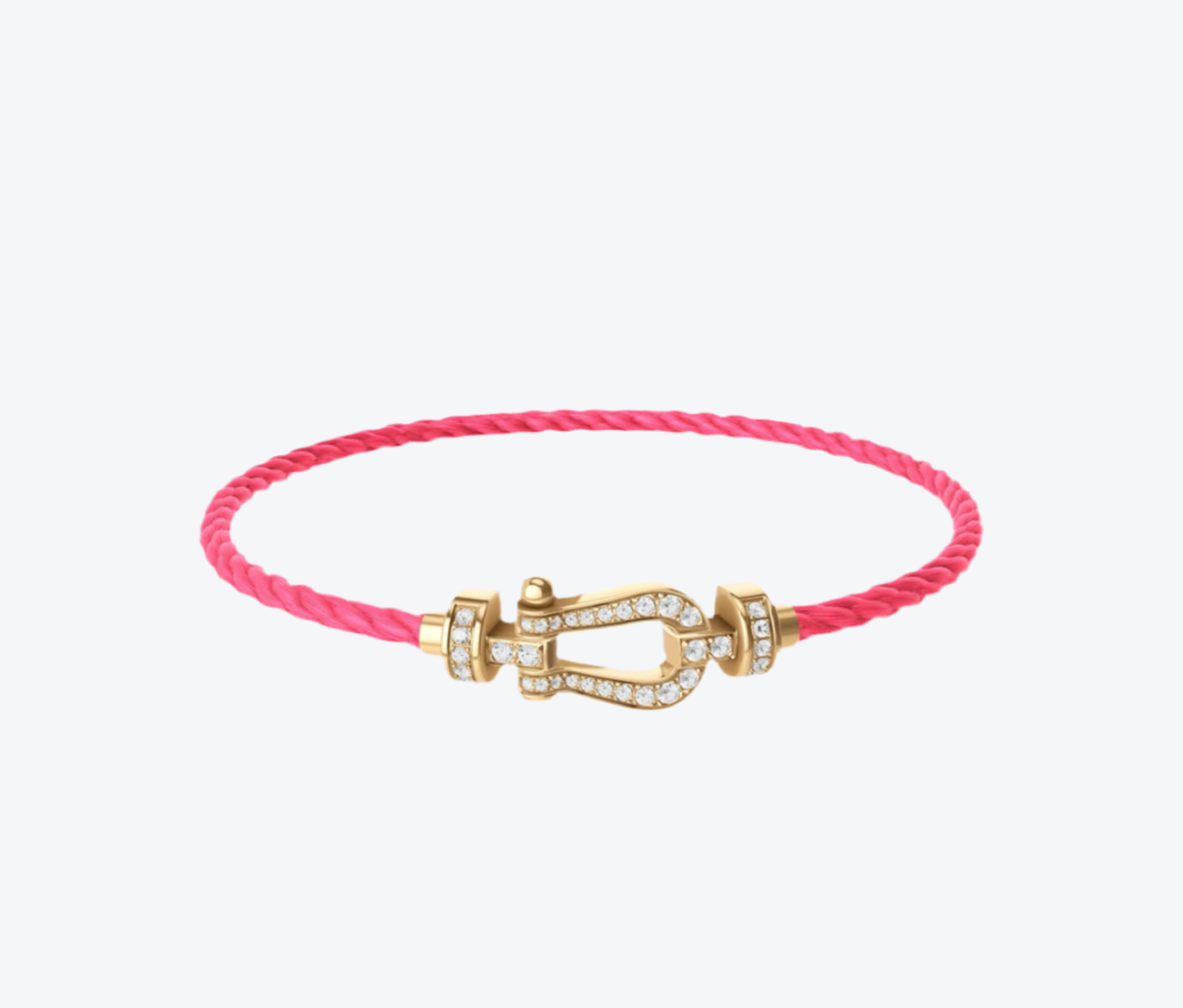 צמיד יוקרתי עם רצועת חבל (דק) צבע ורוד ואבזם צבע זהב משובץ זירקונים נוצצים