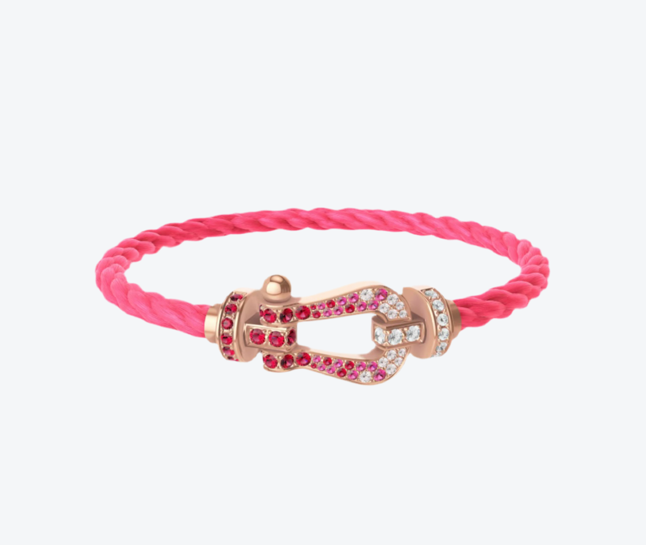 צמיד יוקרתי עם רצועת חבל ורודה ואבזם בגוון זהב ורוד משובץ בזירקונים נוצצים