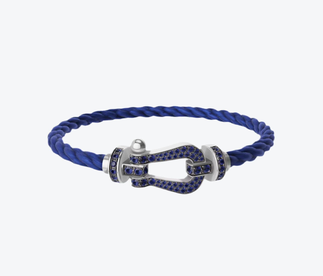 צמיד יוקרתי עם רצועת חבל כחולה ואבזם בגוון כסף משובץ בזירקונים