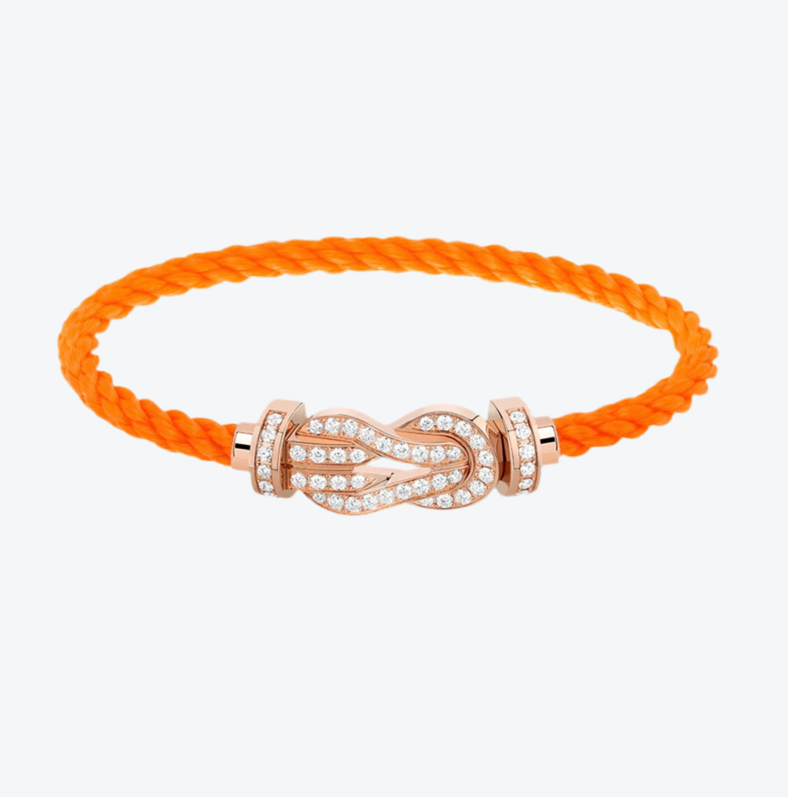 צמיד יוקרתי עם רצועת חבל כתומה ואבזם אינסוף בגוון זהב ורוד משובץ זירקונים נוצצים