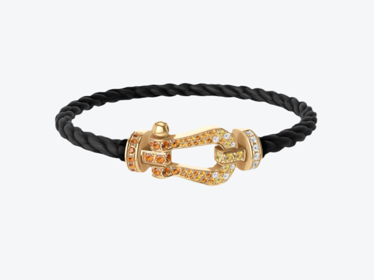 צמיד יוקרתי עם רצועת חבל בגוון שחור ואבזם בגוון זהב ועיצוב רולאן גארוס RG משובץ זירקונים