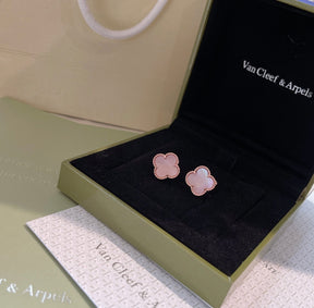 18 carat yellow gold plated clover earrings with a pink clover - timeless luxury and elegance