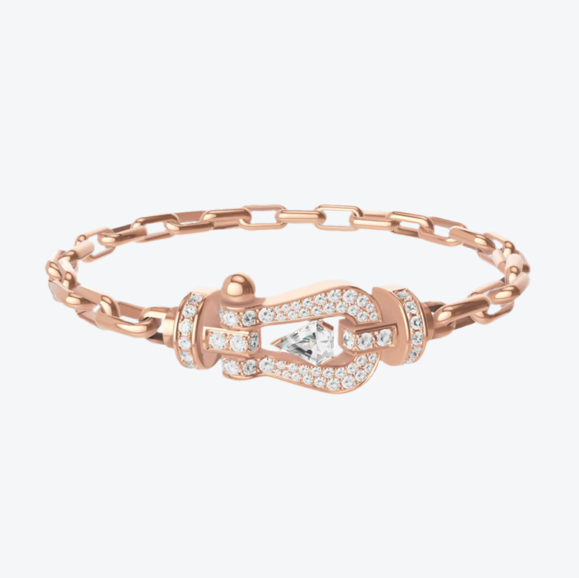 Luxury bracelet with a pink chain strap and a rose-gold colored clasp set with sparkling zircons with a 0.5 carat center stone — JEWELLUXE™