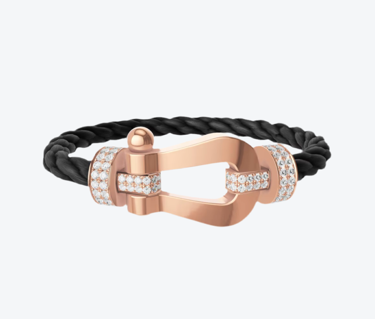 צמיד פרימיום עם רצועת חבל XL בצבע שחור ואבזם XL צבע זהב ורוד משובץ חצי זירקונים לבנים נוצצים - עוצמה ועדינות במראה מושלם