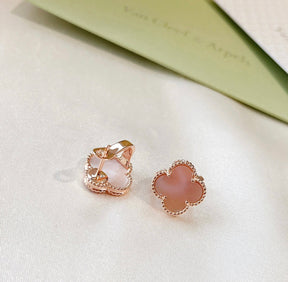 18 carat yellow gold plated clover earrings with a pink clover - timeless luxury and elegance