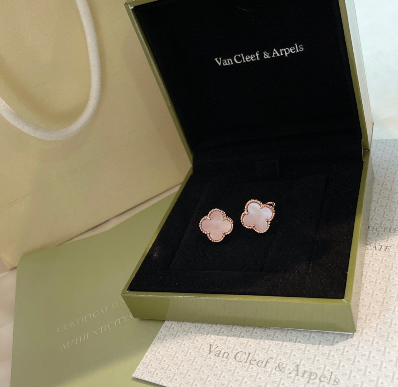 18 carat yellow gold plated clover earrings with a pink clover - timeless luxury and elegance