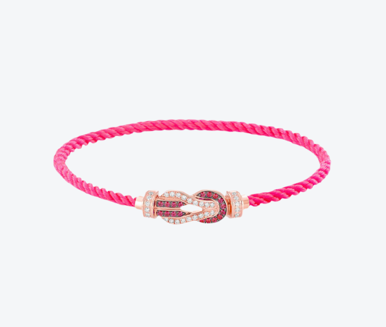 צמיד יוקרתי עם רצועת חבל ורודה ואבזם אינסוף בגוון זהב ורוד משובץ זירקונים