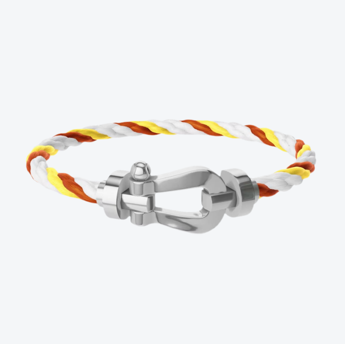 צמיד יוקרתי עם רצועת חבל צבעונית ואבזם בגוון כסף מבריק