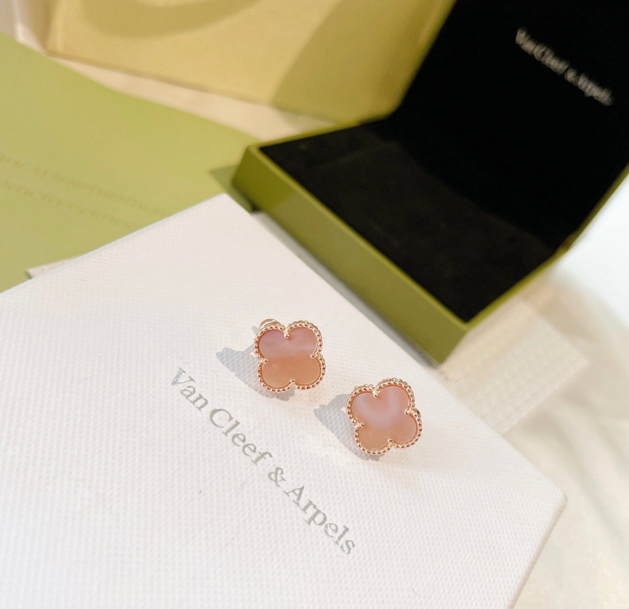 18 carat yellow gold plated clover earrings with a pink clover - timeless luxury and elegance