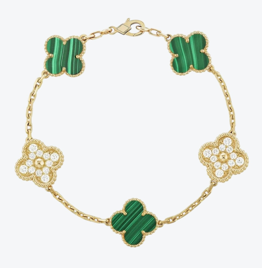 צמיד תלתן בגוון זהב עם 5 תלתנים בגוון ירוק ומשובץ זירקונים נוצצים