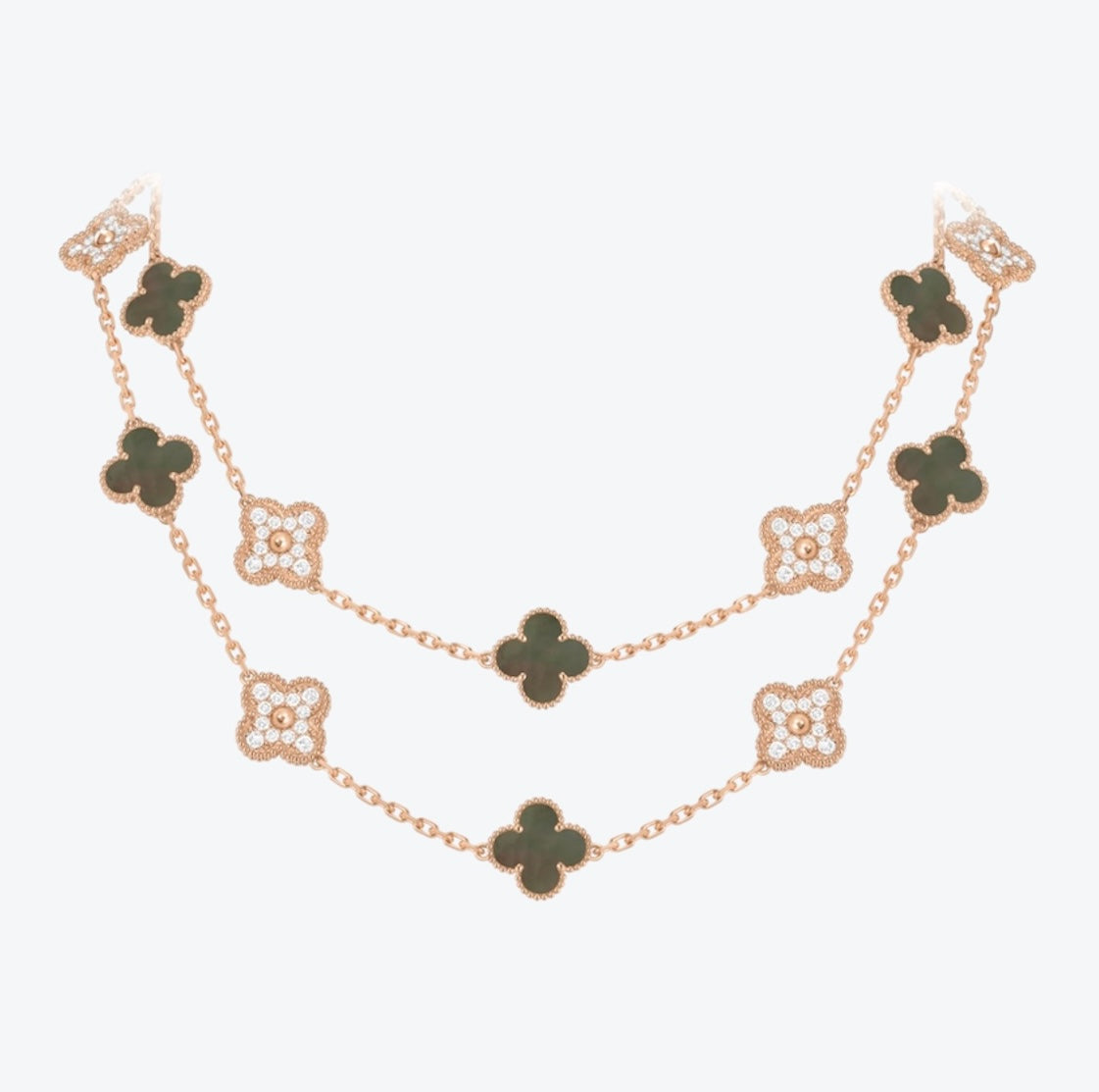 שרשרת 20 תלתנים בגוון זהב ורוד עם תליון תלתן בגוון אפור משובץ זירקונים נוצצים