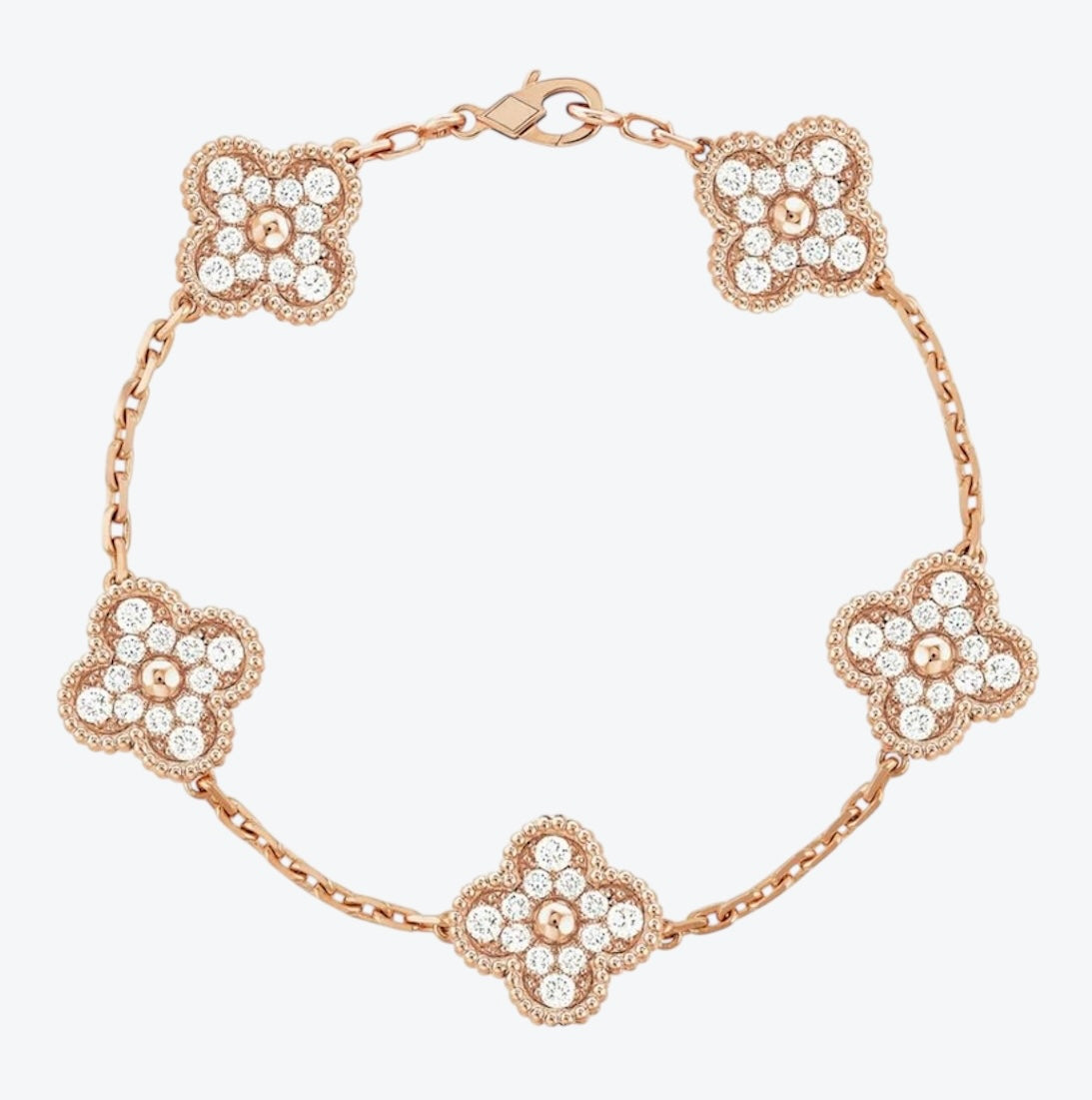 צמיד תלתן בגוון זהב ורוד עם 5 תלתנים בגוון זהב ורוד משובץ זירקונים נוצצים