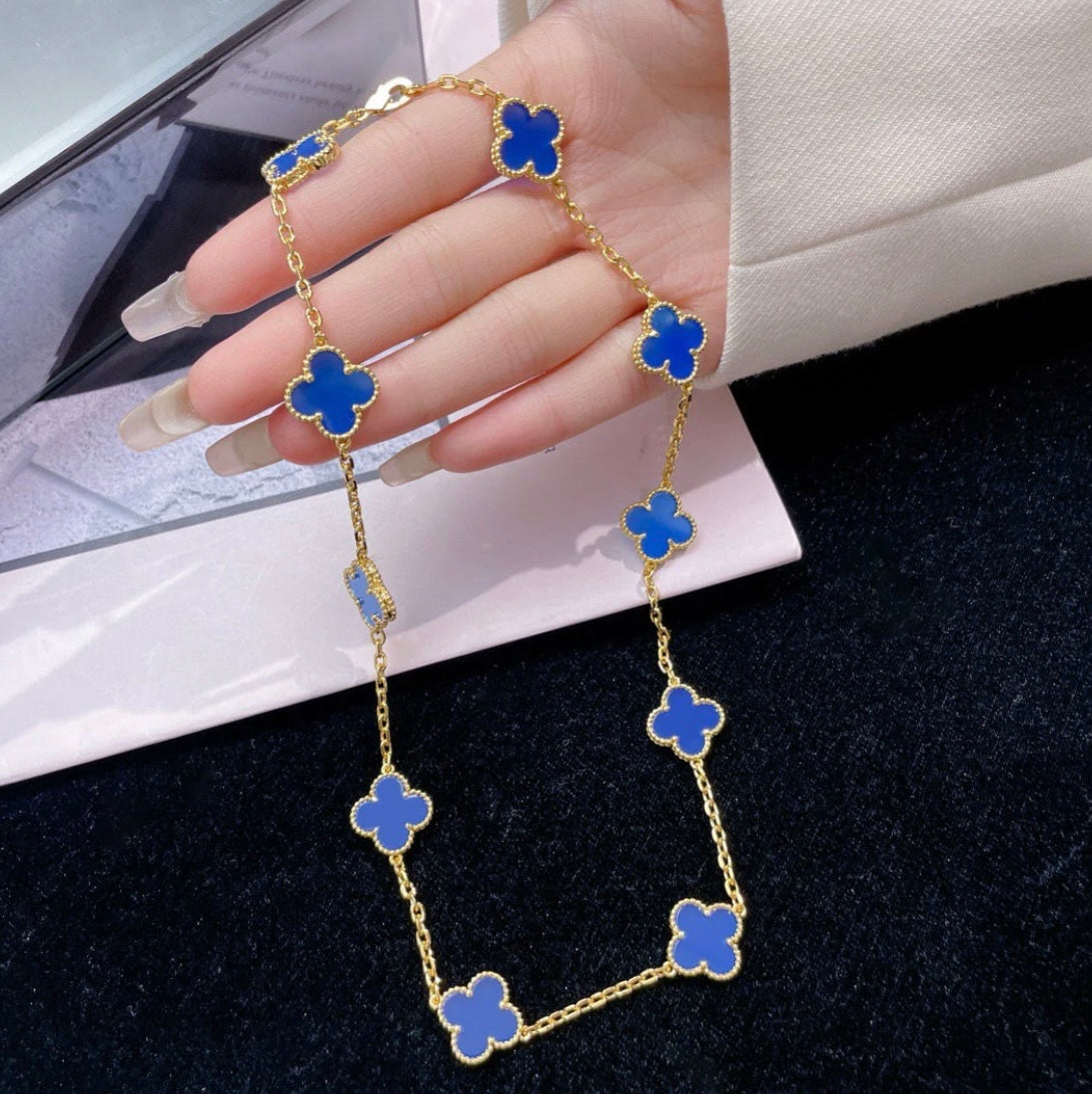 Collier trèfle à 10 feuilles doré avec pendentif trèfle bleu