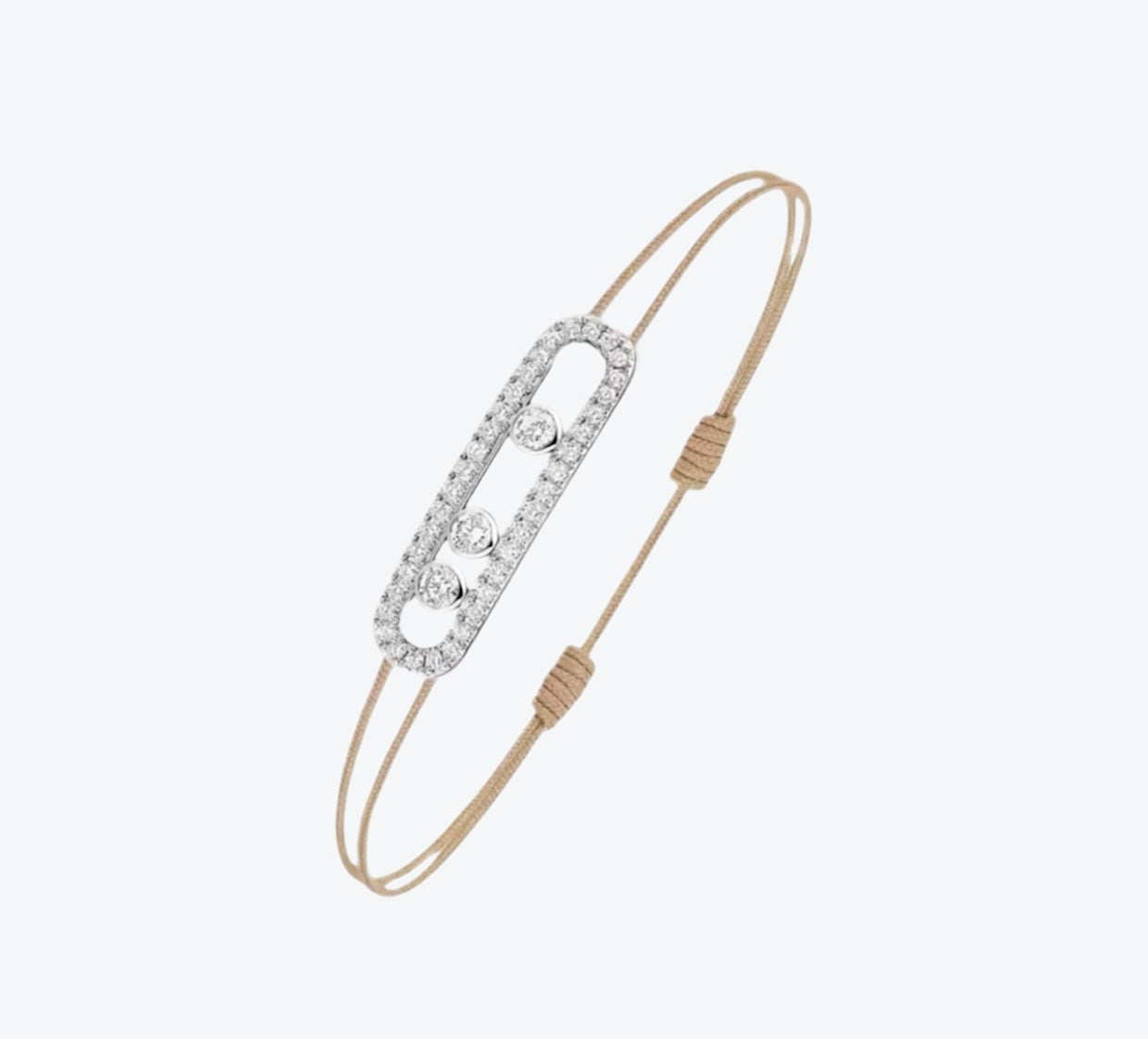 צמיד אהבה – חוט בגוון קרם עם אבזם בגוון כסוף, 3 זירקונים נעים ומשובצים מסביב