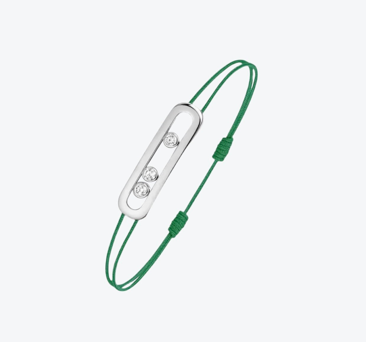 צמיד אהבה – חוט בגוון ירוק עם אבזם בגוון כסף, 3 זירקונים נעים ומשובץ זירקונים מסביב