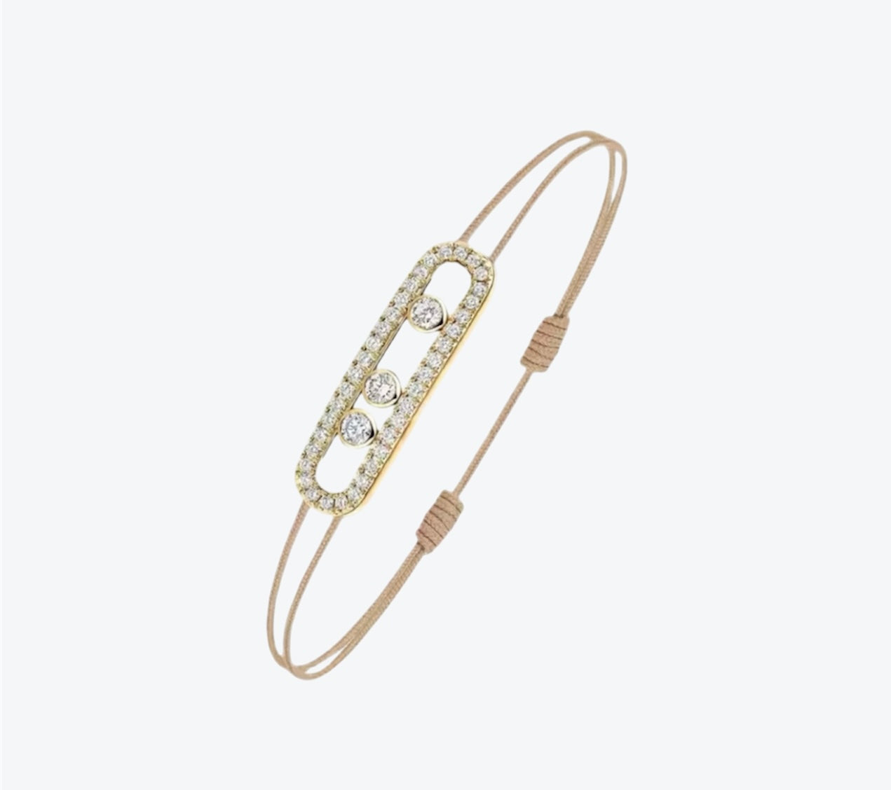 צמיד אהבה – חוט בגוון קרם עם אבזם בגוון זהב, 3 זירקונים נעים ומשובץ זירקונים מסביב