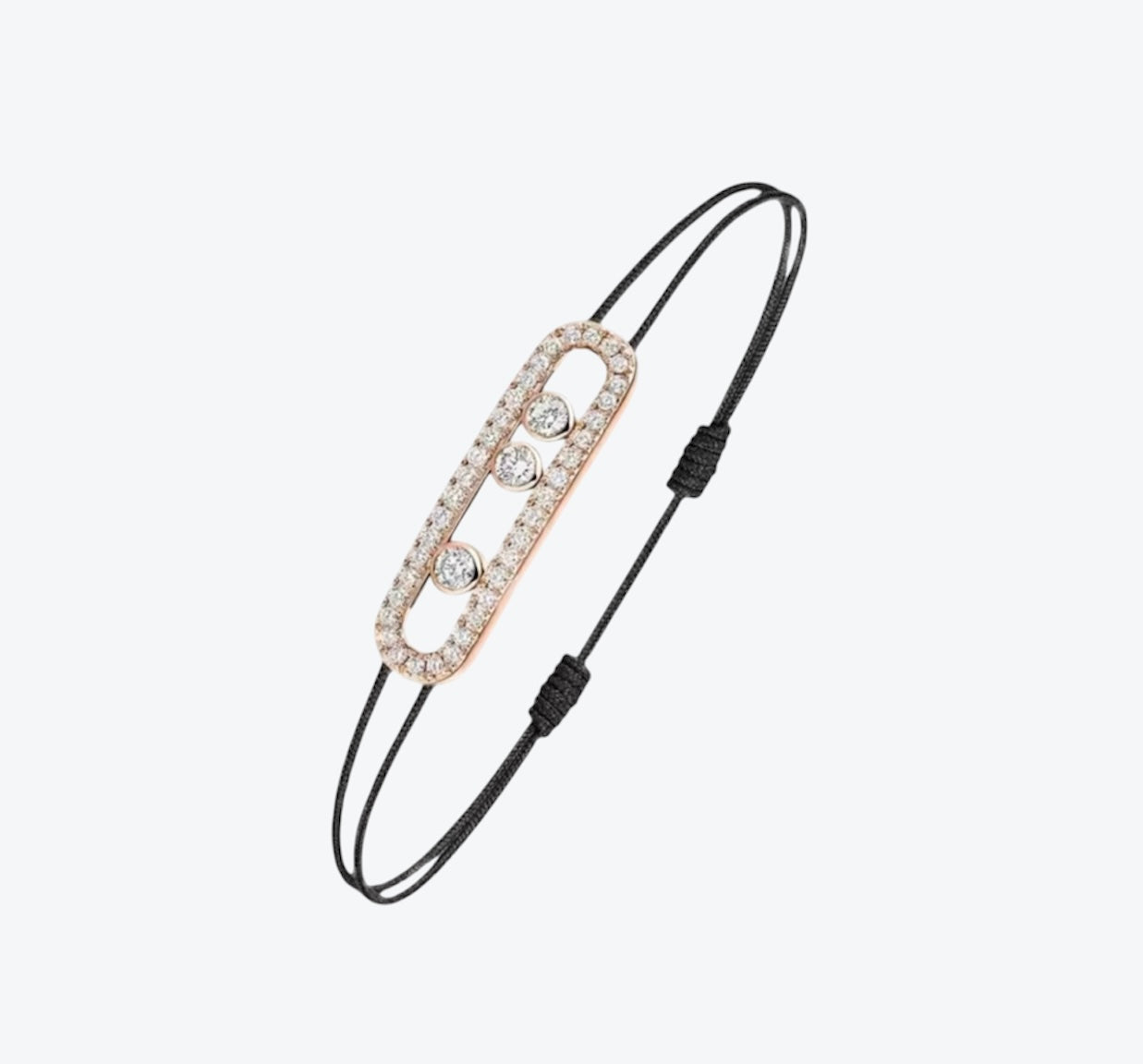 צמיד אהבה – חוט בגוון שחור עם אבזם בגוון זהב ורוד, 3 זירקונים נעים ומשובצים מסביב