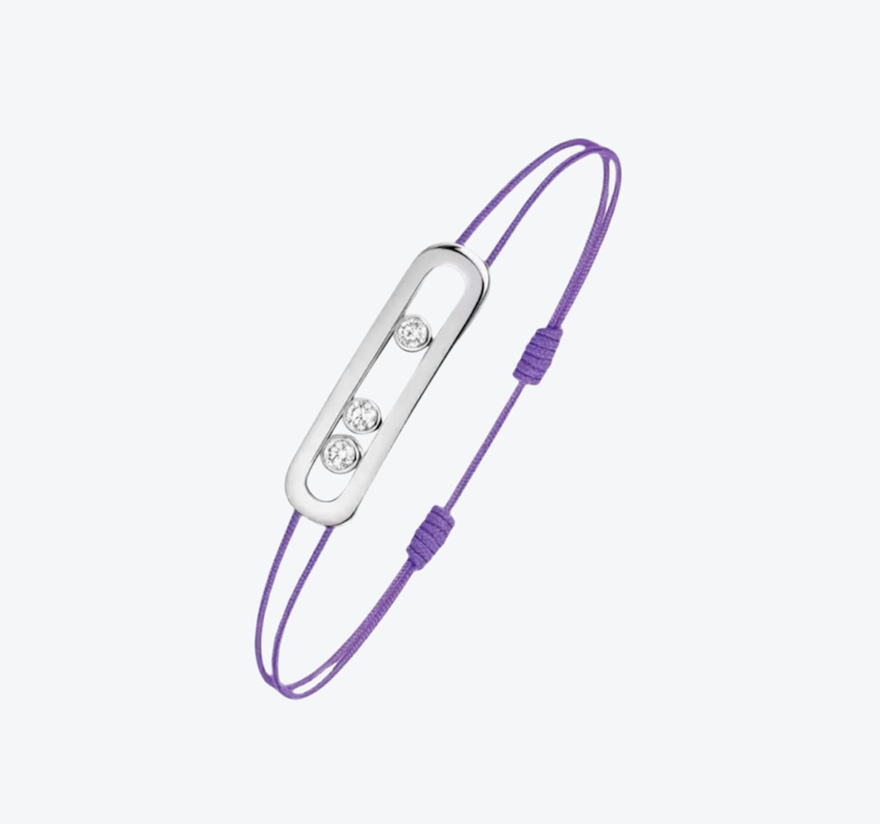 צמיד אהבה – חוט בגוון סגול עם אבזם בגוון כסף, 3 זירקונים נעים