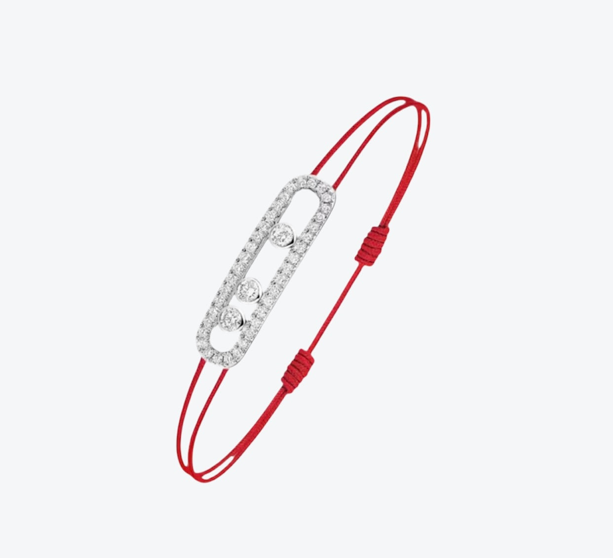 צמיד אהבה – חוט בגוון אדום עם אבזם בגוון כסף, 3 זירקונים נעים ומשובץ זירקונים מסביב