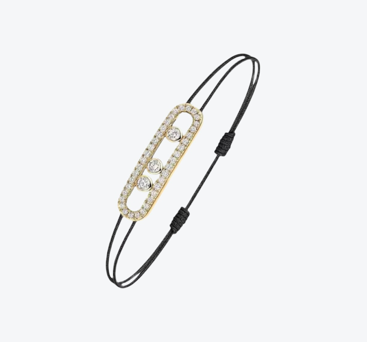 צמיד אהבה – חוט בגוון שחור עם אבזם בגוון זהב, 3 זירקונים נעים ומשובצים מסביב