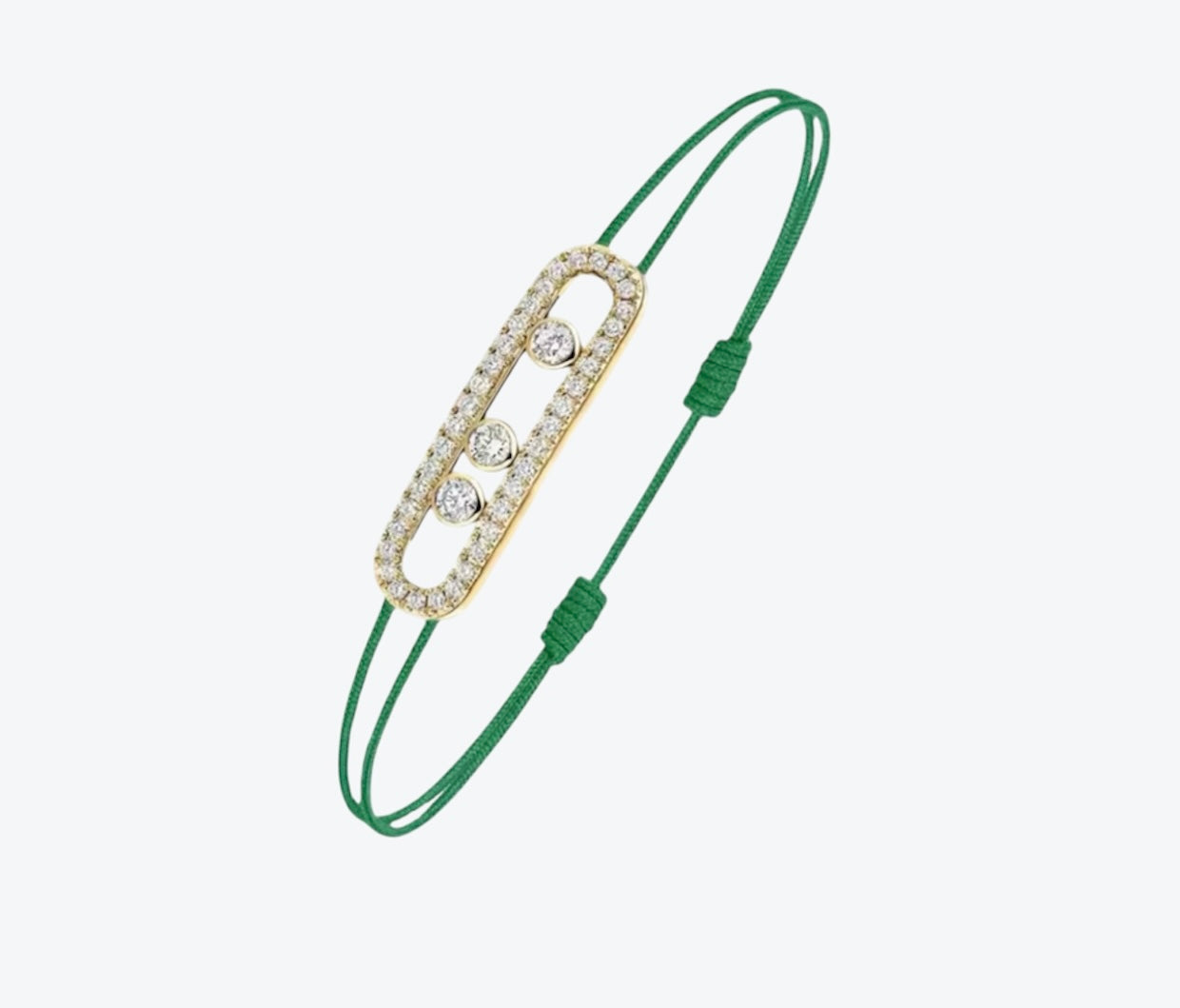 צמיד אהבה – חוט בגוון ירוק עם אבזם בגוון זהב, 3 זירקונים נעים ומשובץ זירקונים מסביב