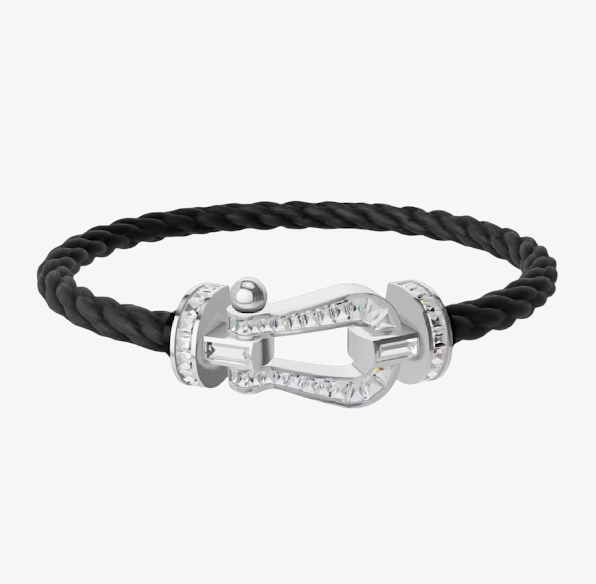 Luxury bracelet with a black rope strap and a silver-toned buckle encrusted with sparkling crystals — JEWELLUXE™