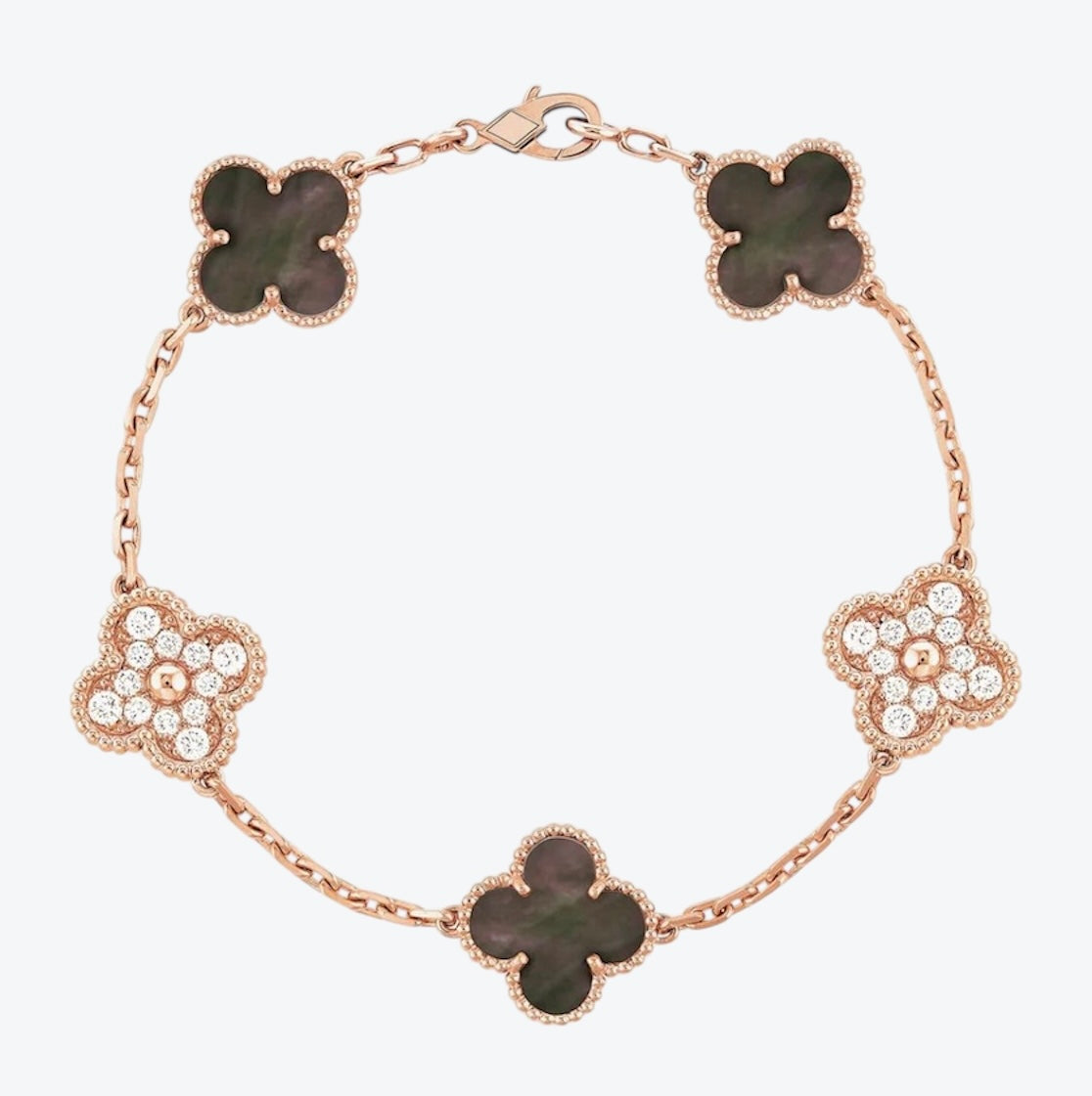 צמיד תלתן בגוון זהב ורוד עם 5 תלתנים בגוון אפור ומשובץ זירקונים נוצצים