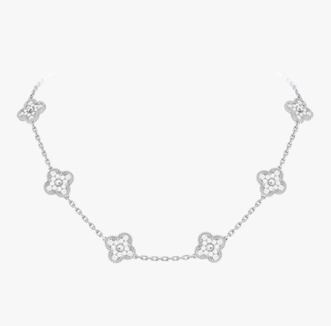 שרשרת 10 תלתנים בגוון כסף עם תליון תלתן בגוון כסף ומשובץ זירקונים נוצצים