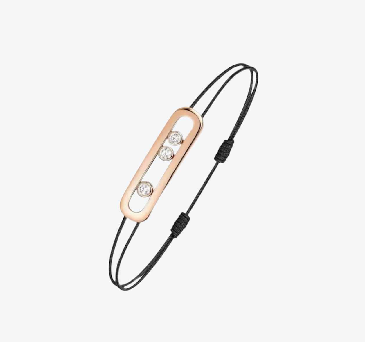 צמיד אהבה – חוט בגוון שחור עם אבזם בגוון זהב ורוד, 3 זירקונים נעים