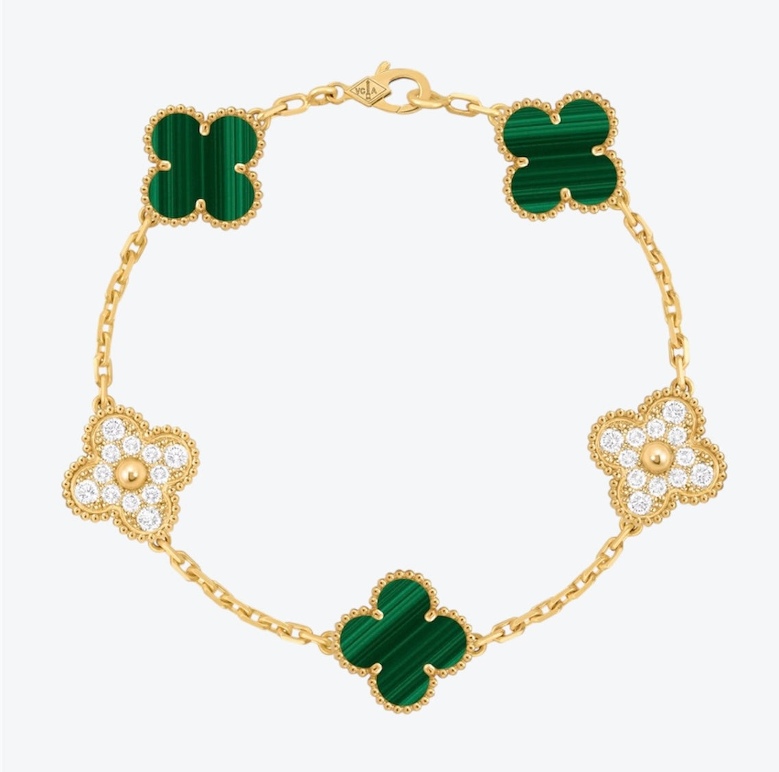 צמיד תלתן בגוון זהב עם 5 תלתנים בגוון ירוק ומשובץ זירקונים נוצצים