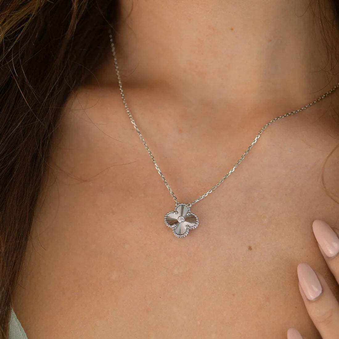 Classic clover necklace with a sparkling zircon-studded pendant at its center — JEWELLUXE™